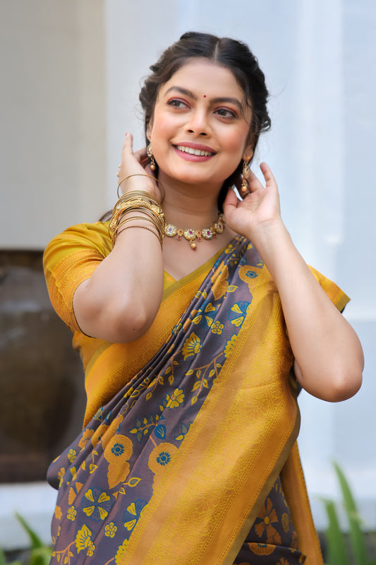 Yellow Purple Litchi Soft Silk Banarasi Saree with Floral Zari Woven