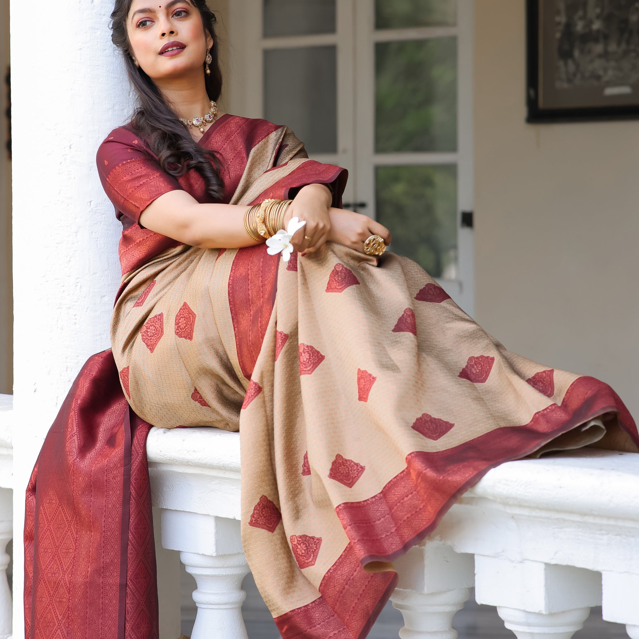 "Chiku Maroon Banarasi Saree with Zari Butta Motifs – Available"