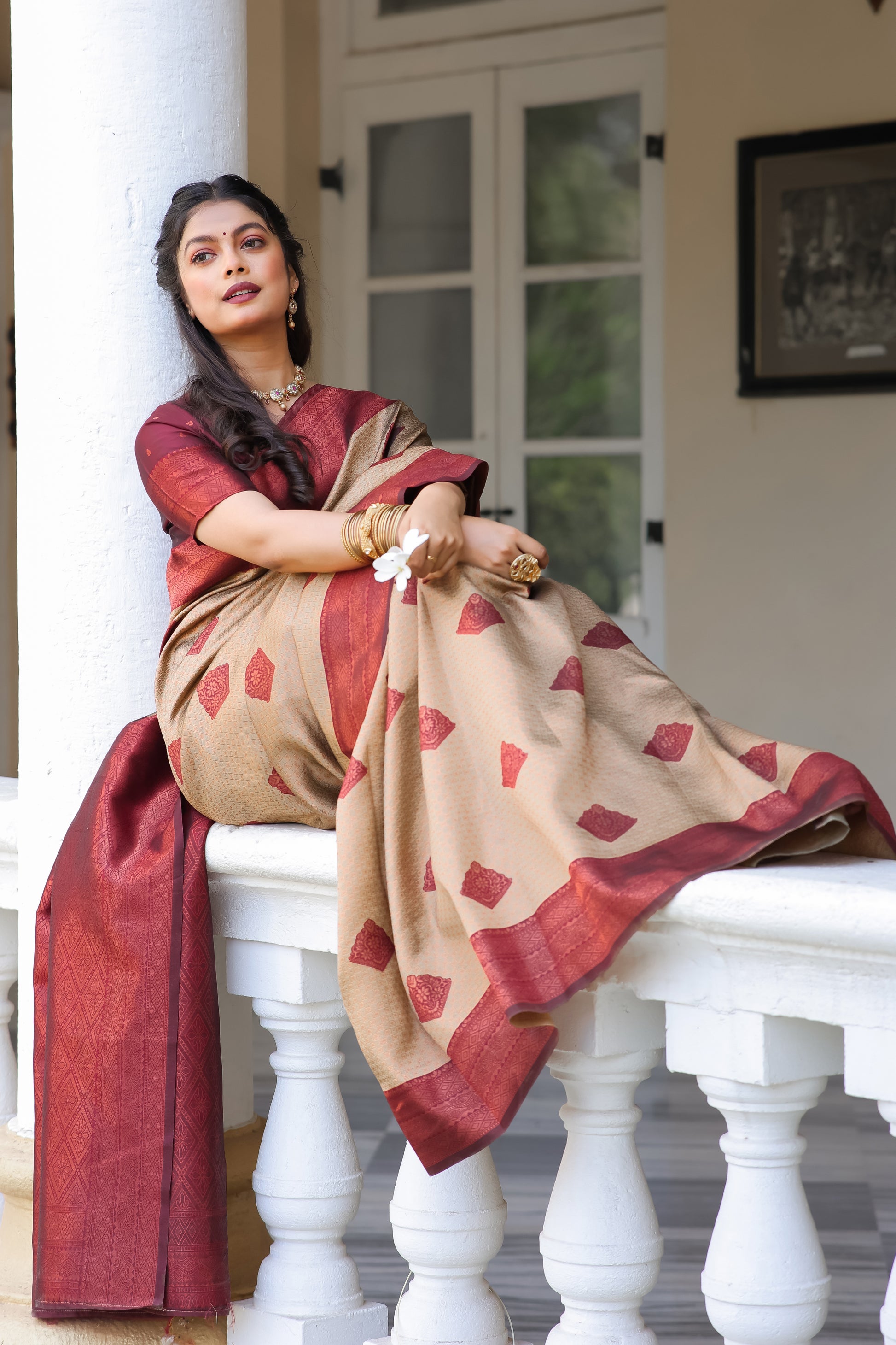 "Chiku Maroon Banarasi Saree with Zari Butta Motifs – Available"