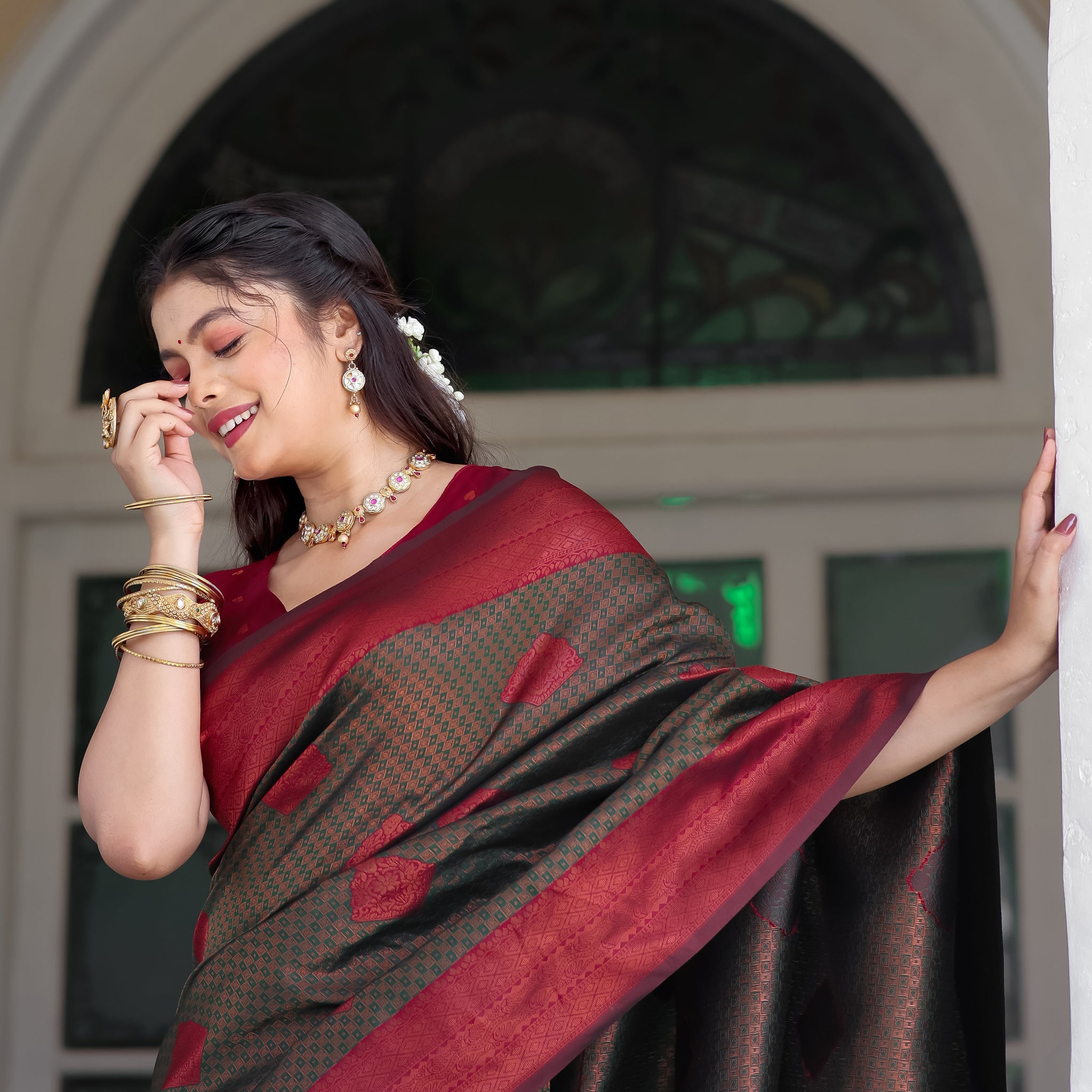 "Green and Maroon Soft Banarasi Saree with Zari Butta – Available"