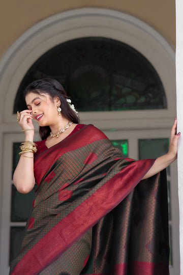 "Green and Maroon Soft Banarasi Saree with Zari Butta – Available"