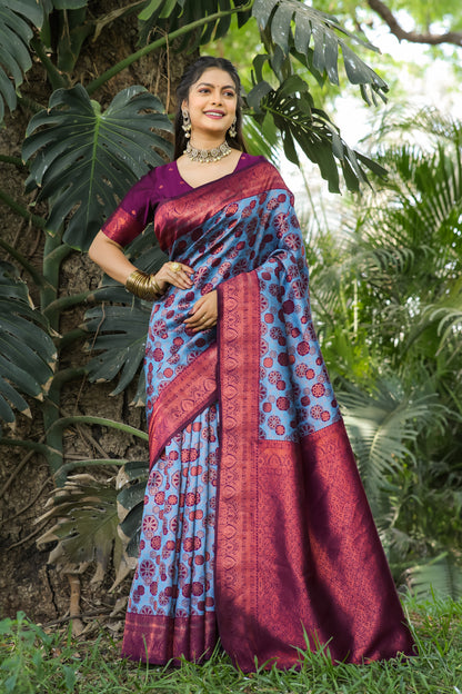 Blue Litchi Soft Silk Banarasi Saree with Floral Zari Woven