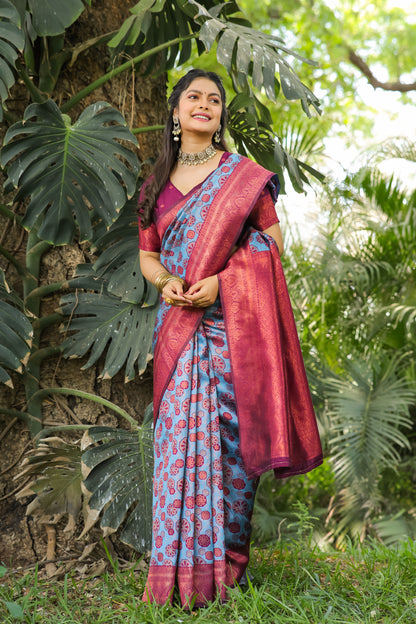 Blue Litchi Soft Silk Banarasi Saree with Floral Zari Woven