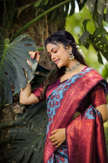 "Blue Litchi Soft Silk Banarasi Saree with Floral Zari Work – In Stock"