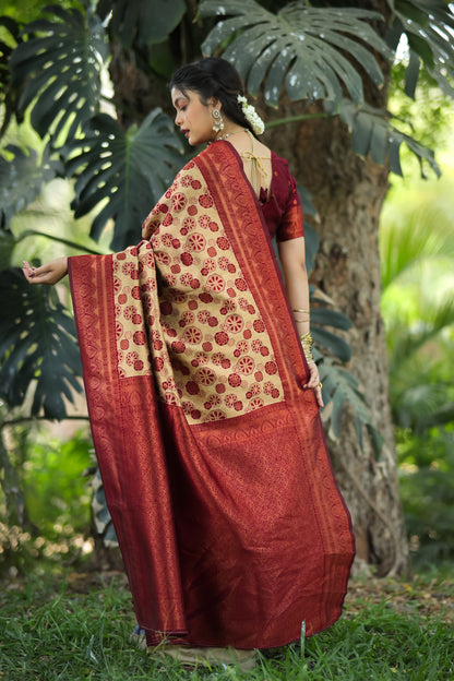 Chiku Maroon Litchi Soft Silk Banarasi Saree with Floral Zari Woven Work
