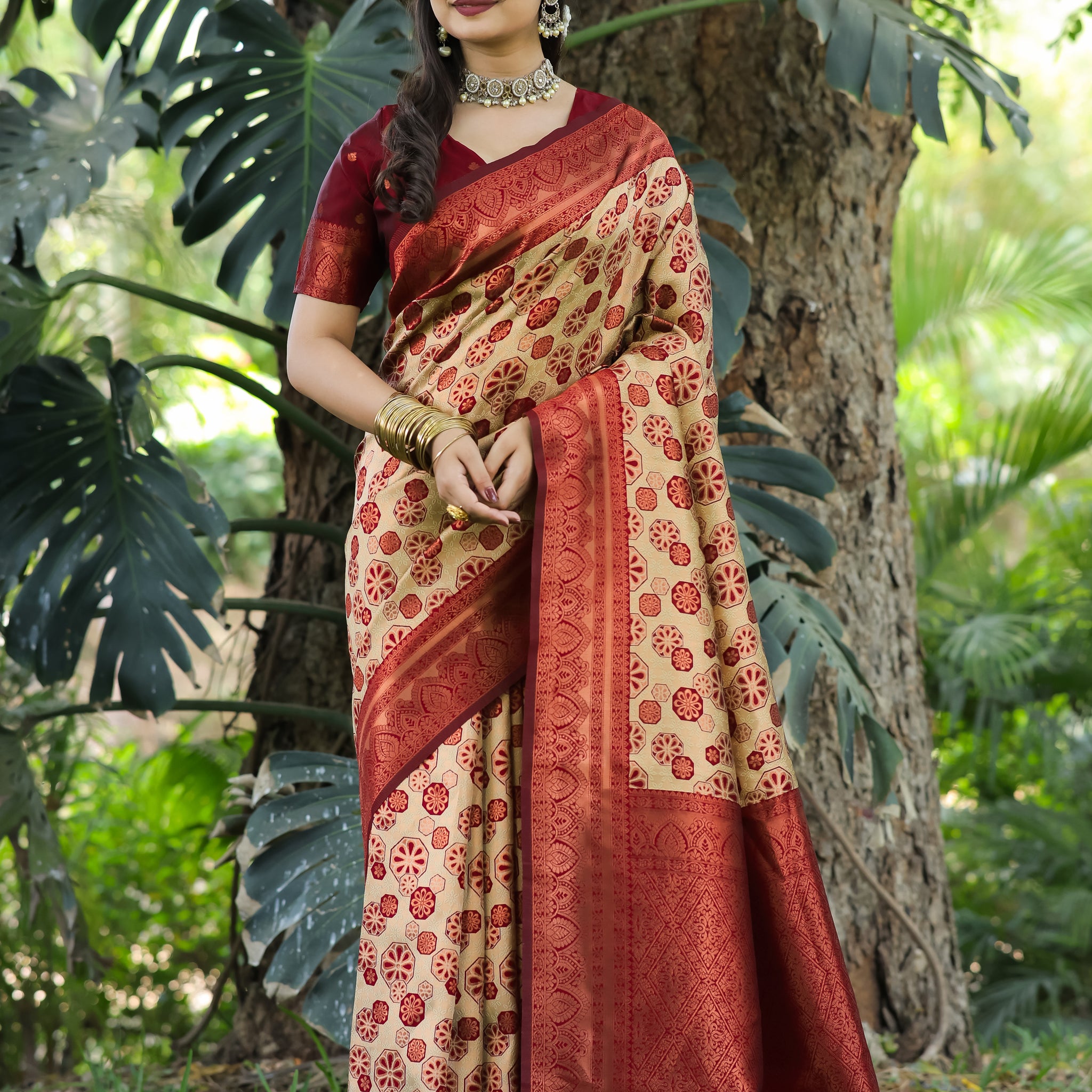 "Chiku Maroon Soft Banarasi Saree with Floral Zari Weaving – Available"