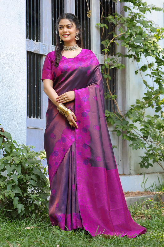 Purple Rani Litchi Soft Silk Banarasi Saree with Floral Zari Woven