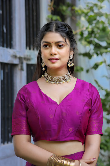 "Rani Banarasi Silk Saree with Floral Zari Weaving – Festive Look"