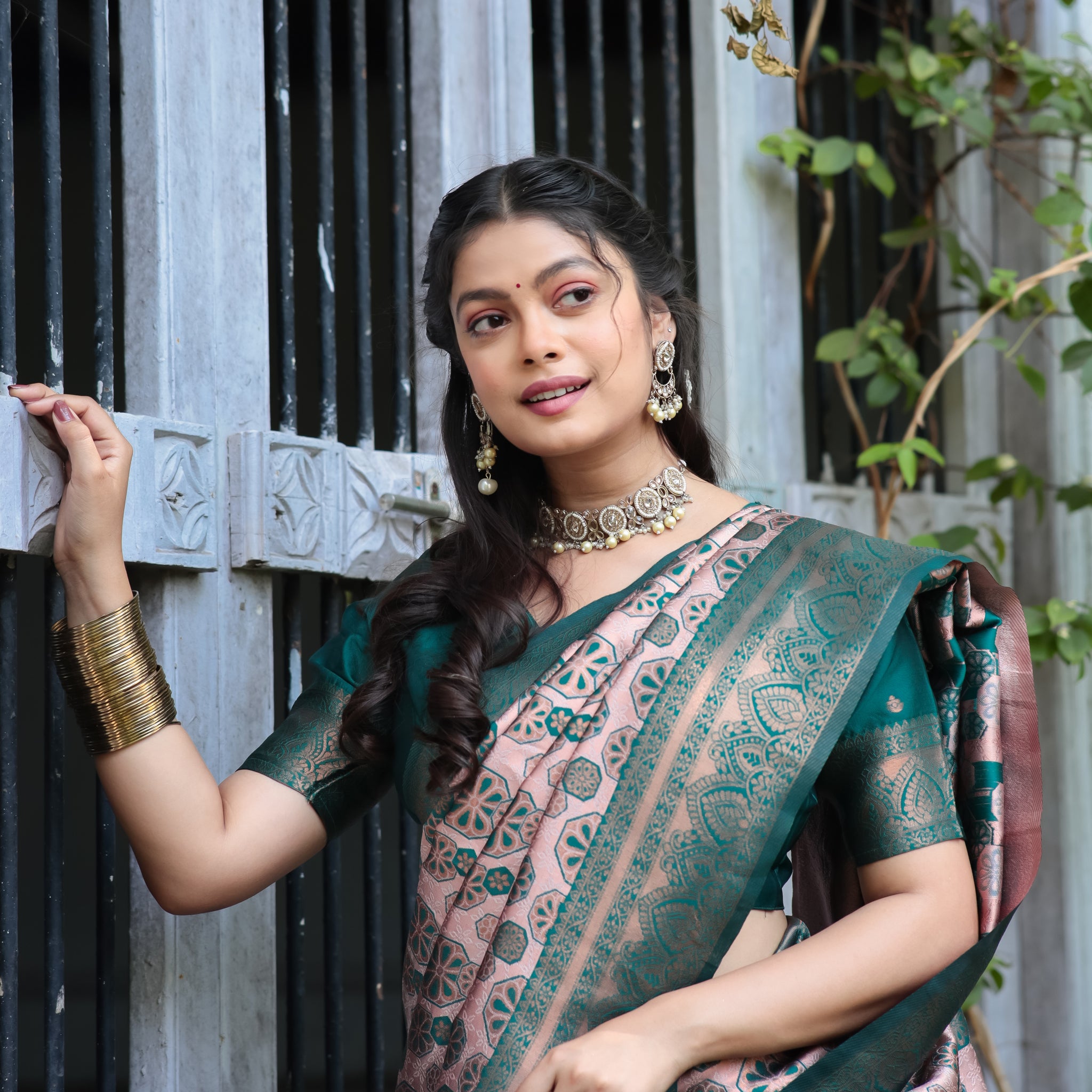 "Peach Rama Banarasi Silk Saree with Floral Zari Weaving – In Stock"