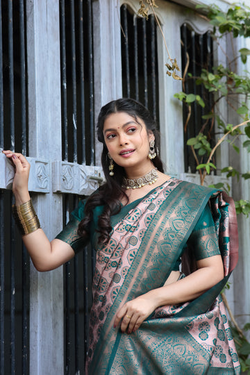 "Peach Rama Banarasi Silk Saree with Floral Zari Weaving – In Stock"