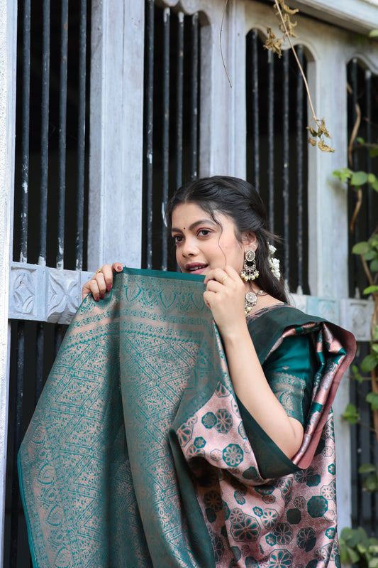 Peach Rama Litchi Soft And Silk Banarasi Saree with Floral Zari Woven