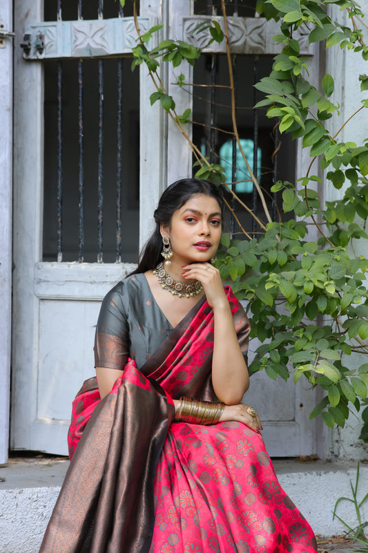 Rani Litchi Soft Silk Banarasi Saree with Floral Zari Woven