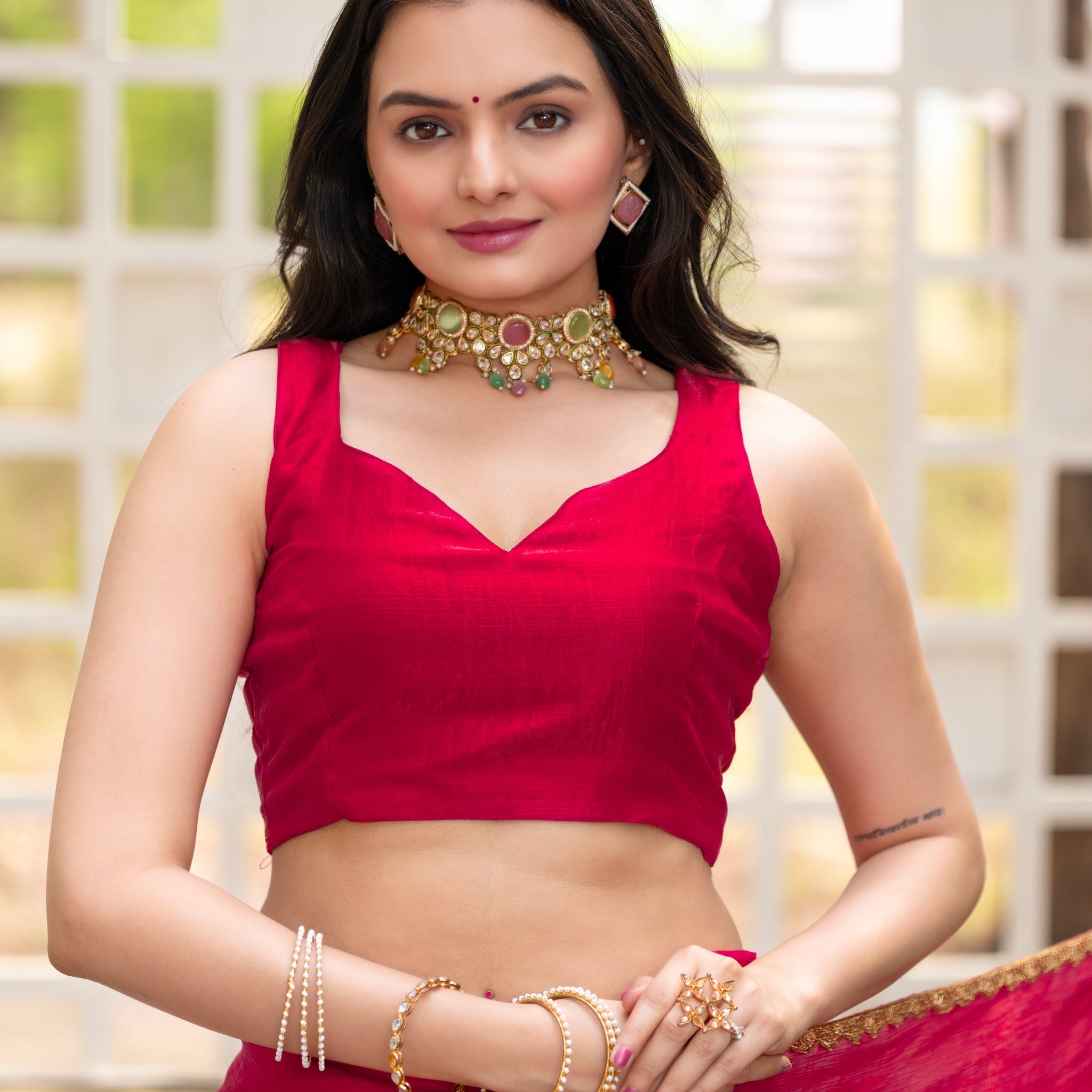 "Cherry Chiffon Saree with Embellished Border – Available Now"