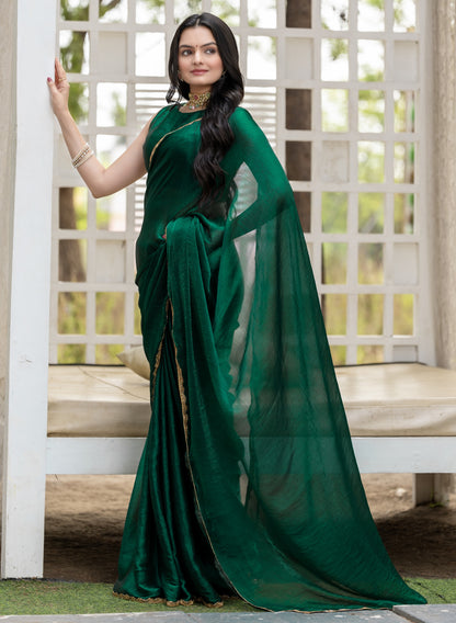 Bottle Green Chiffon Bollywood Saree with Embellished Border
