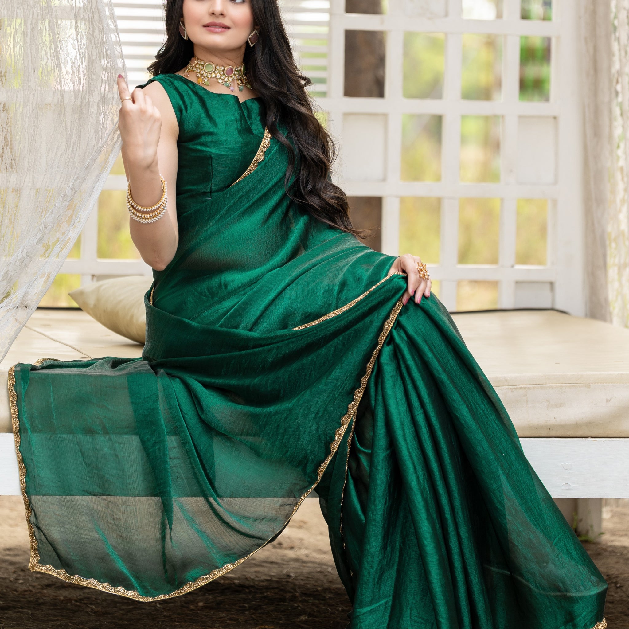 "Bottle Green Chiffon Bollywood Saree with Embellished Border – Available"