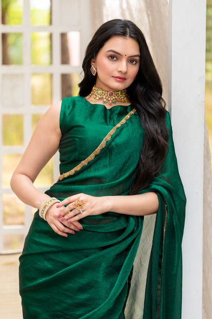 Bottle Green Chiffon Bollywood Saree with Embellished Border
