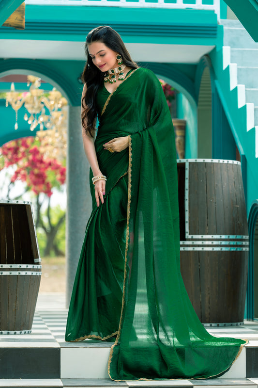 Green Chiffon Bollywood Saree with Embellished Border
