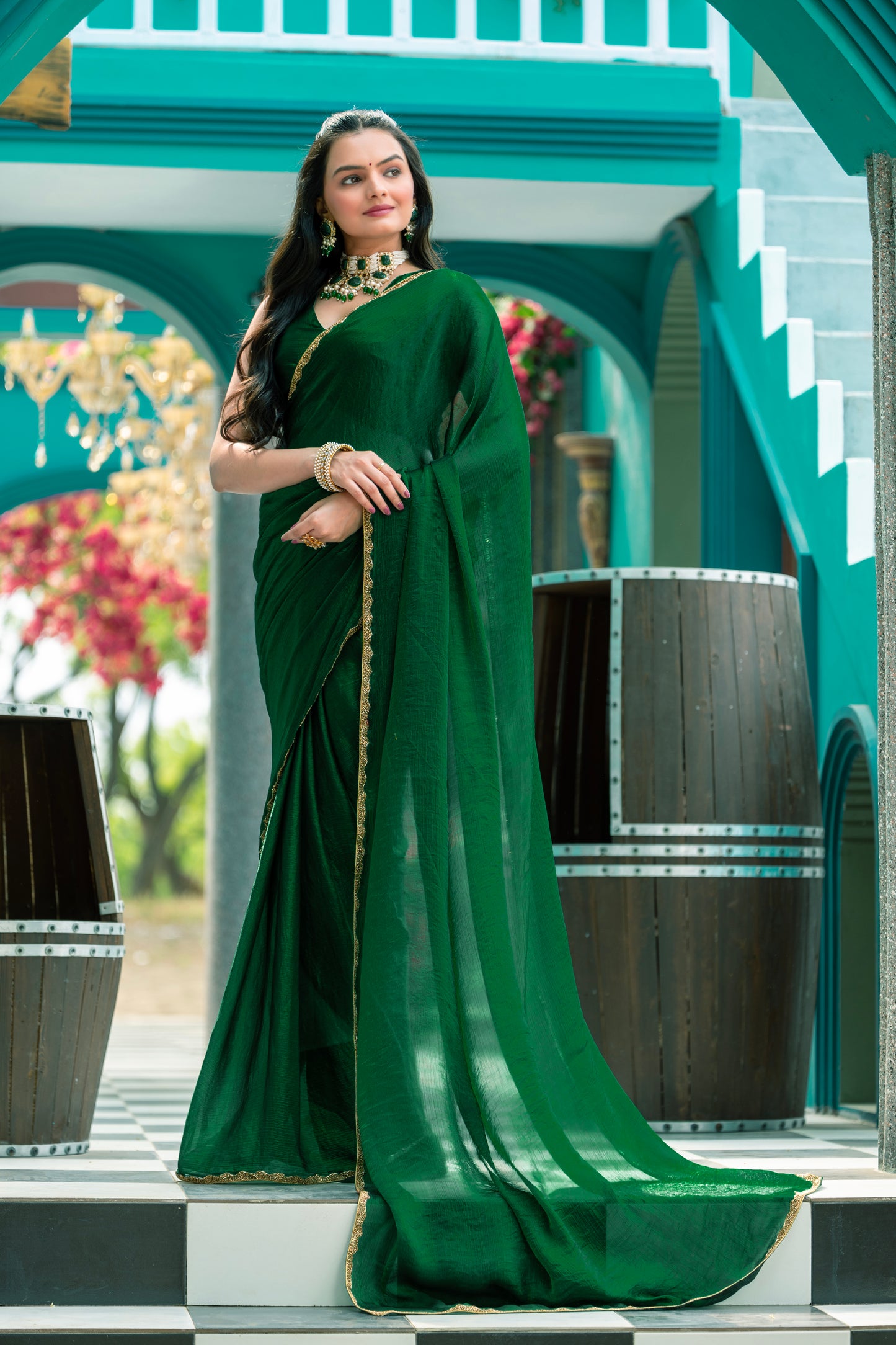 Green Chiffon Bollywood Saree with Embellished Border