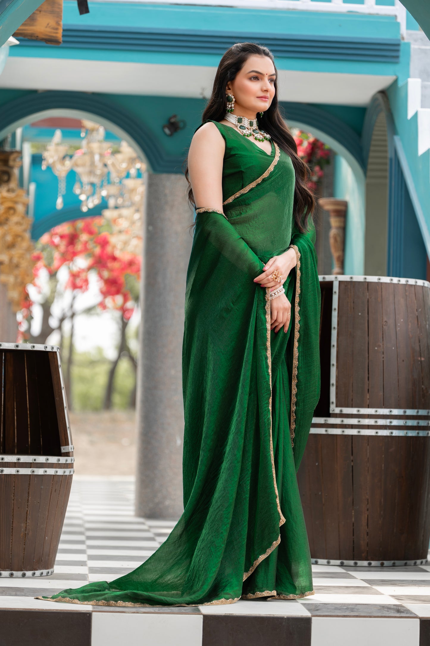 Green Chiffon Bollywood Saree with Embellished Border