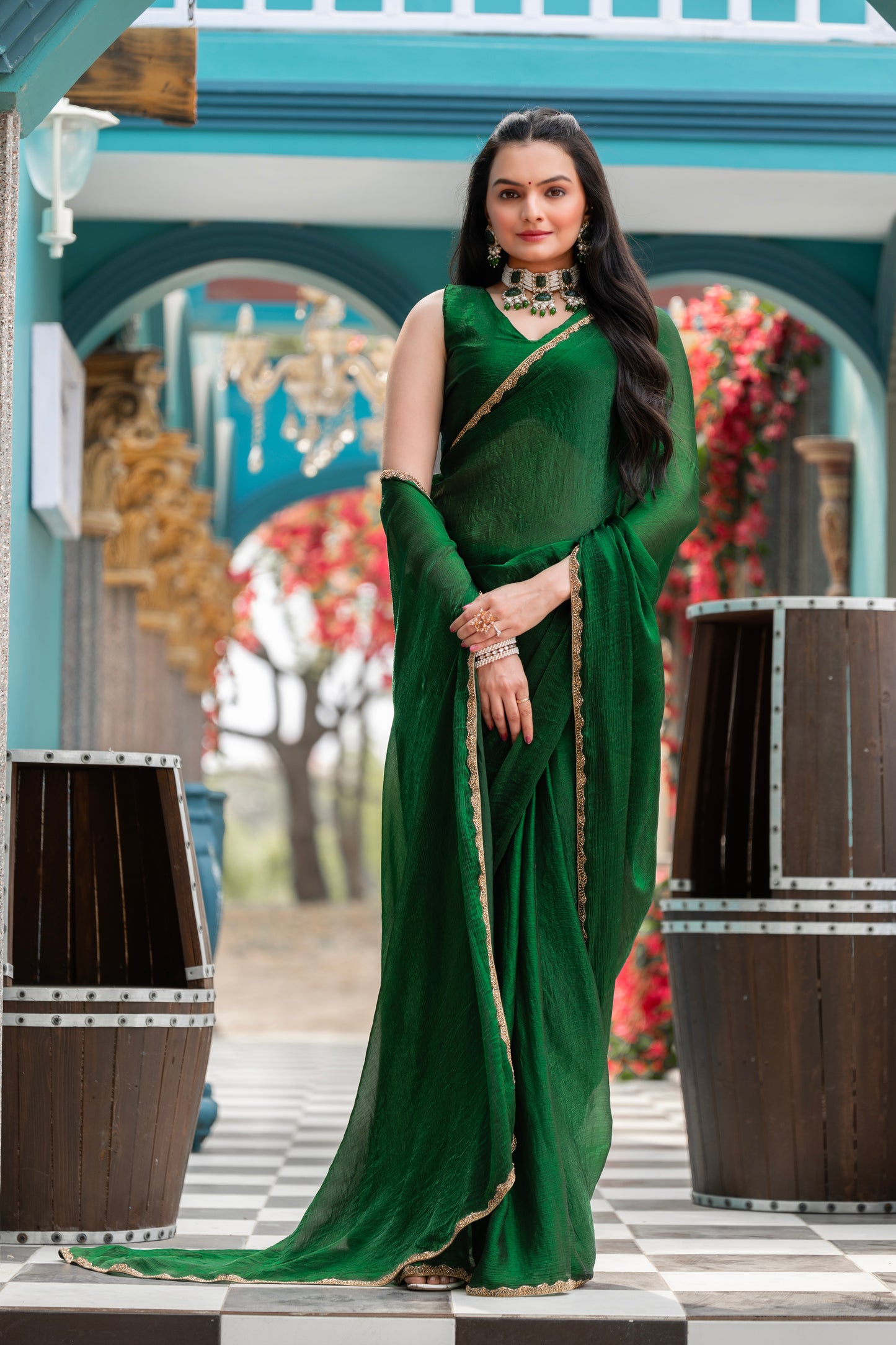 Green Chiffon Bollywood Saree with Embellished Border