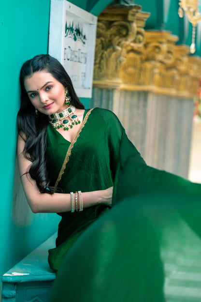 Green Chiffon Bollywood Saree with Embellished Border