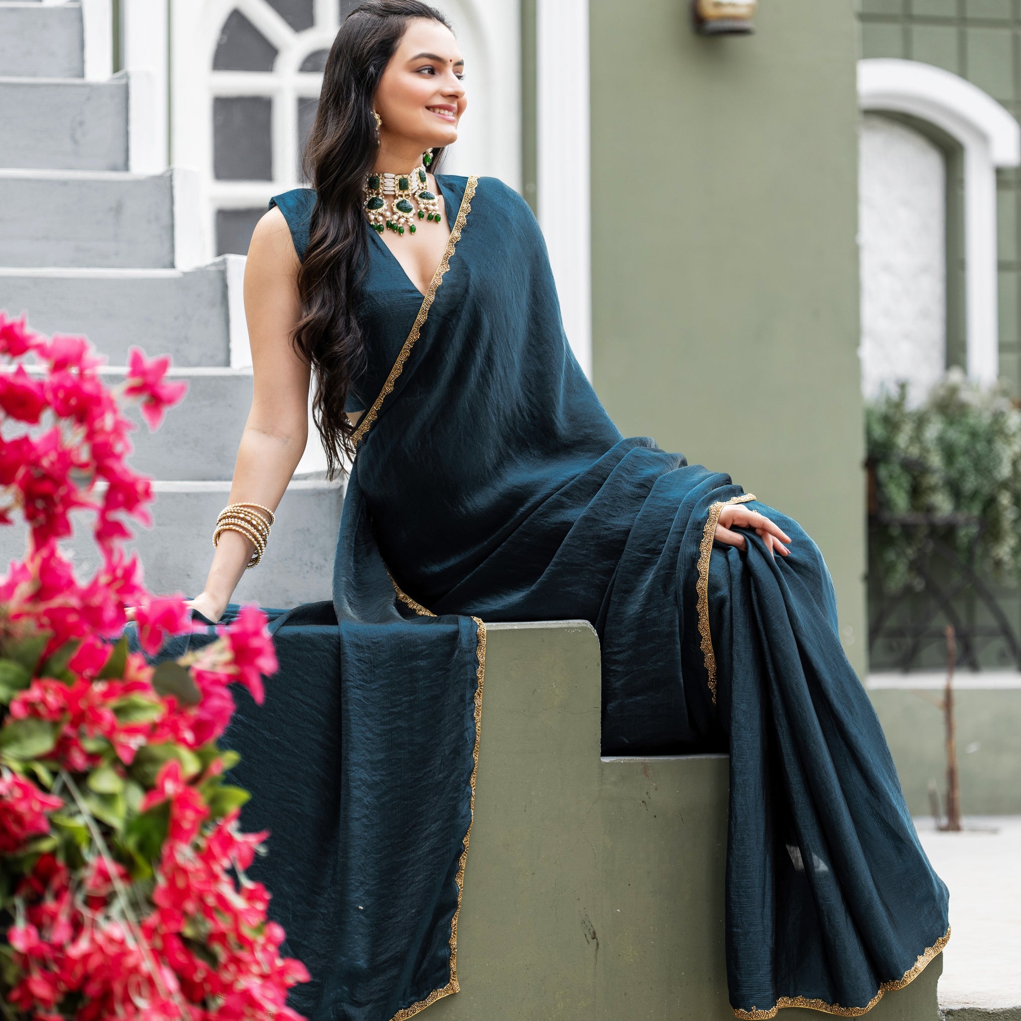 "Morpich Chiffon Saree with Embellished Border – Available"