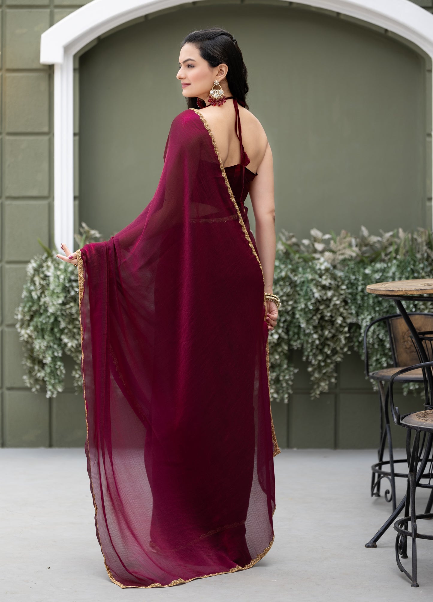 Wine Chiffon Bollywood Saree with Embellished Border