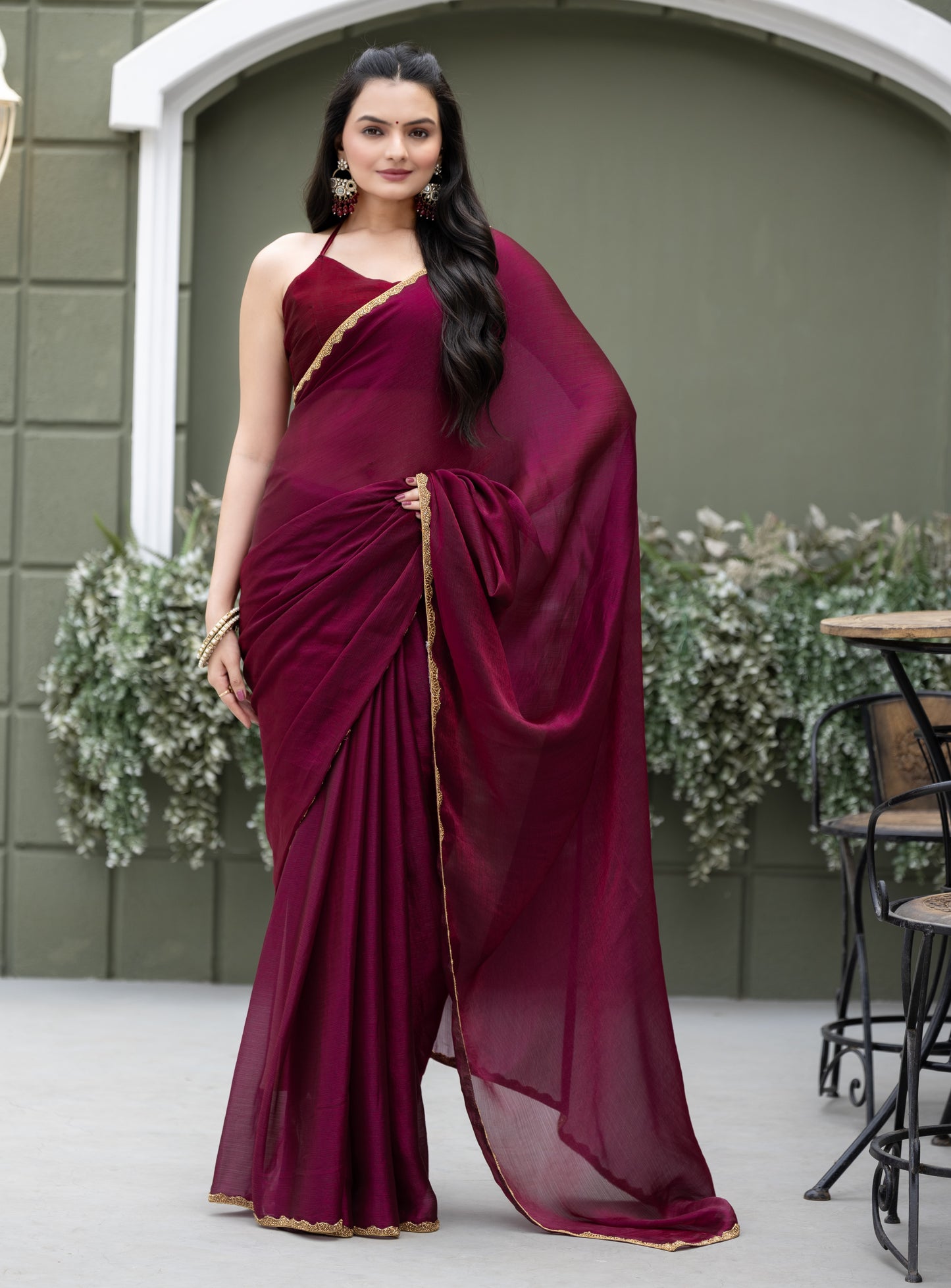Wine Chiffon Bollywood Saree with Embellished Border