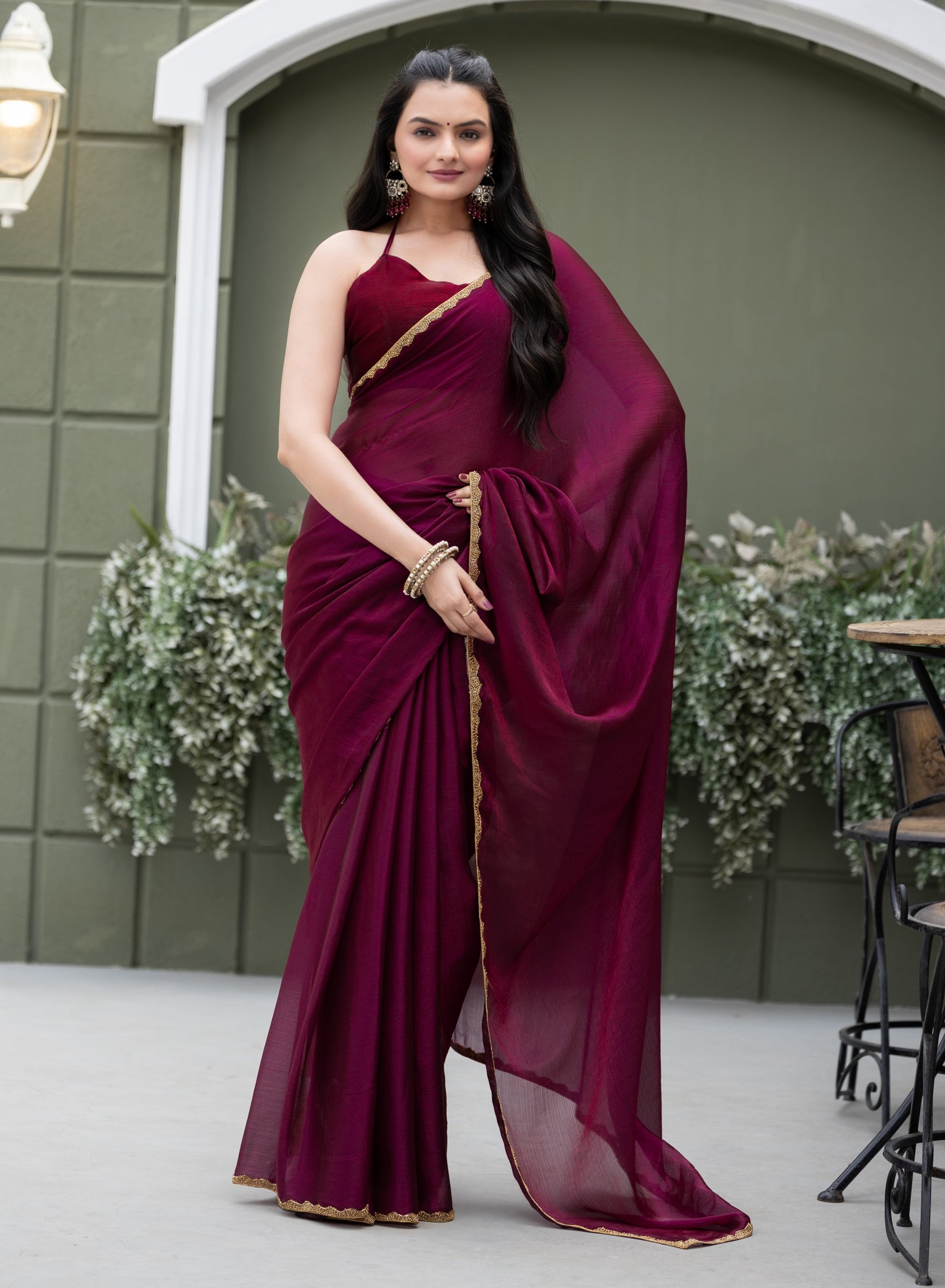 Wine Chiffon Bollywood Saree with Embellished Border