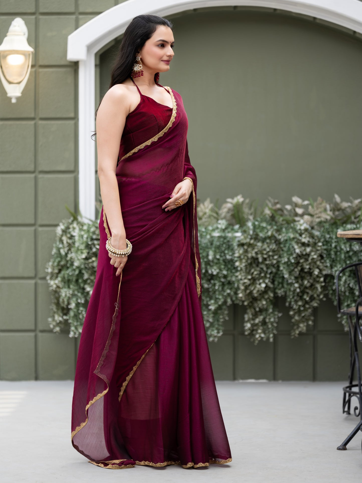 Wine Chiffon Bollywood Saree with Embellished Border