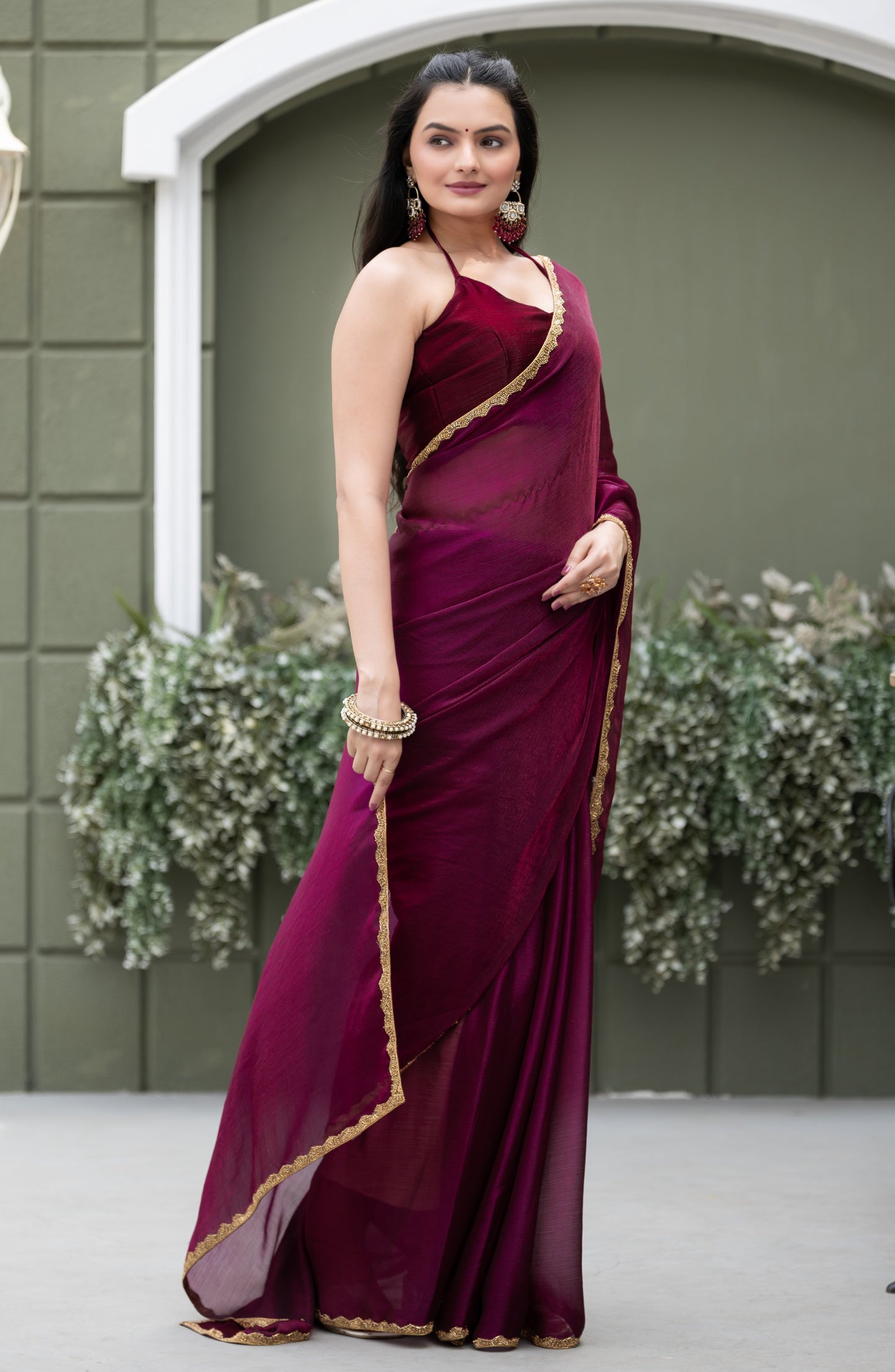 Wine Chiffon Bollywood Saree with Embellished Border