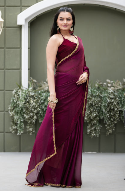 Wine Chiffon Bollywood Saree with Embellished Border