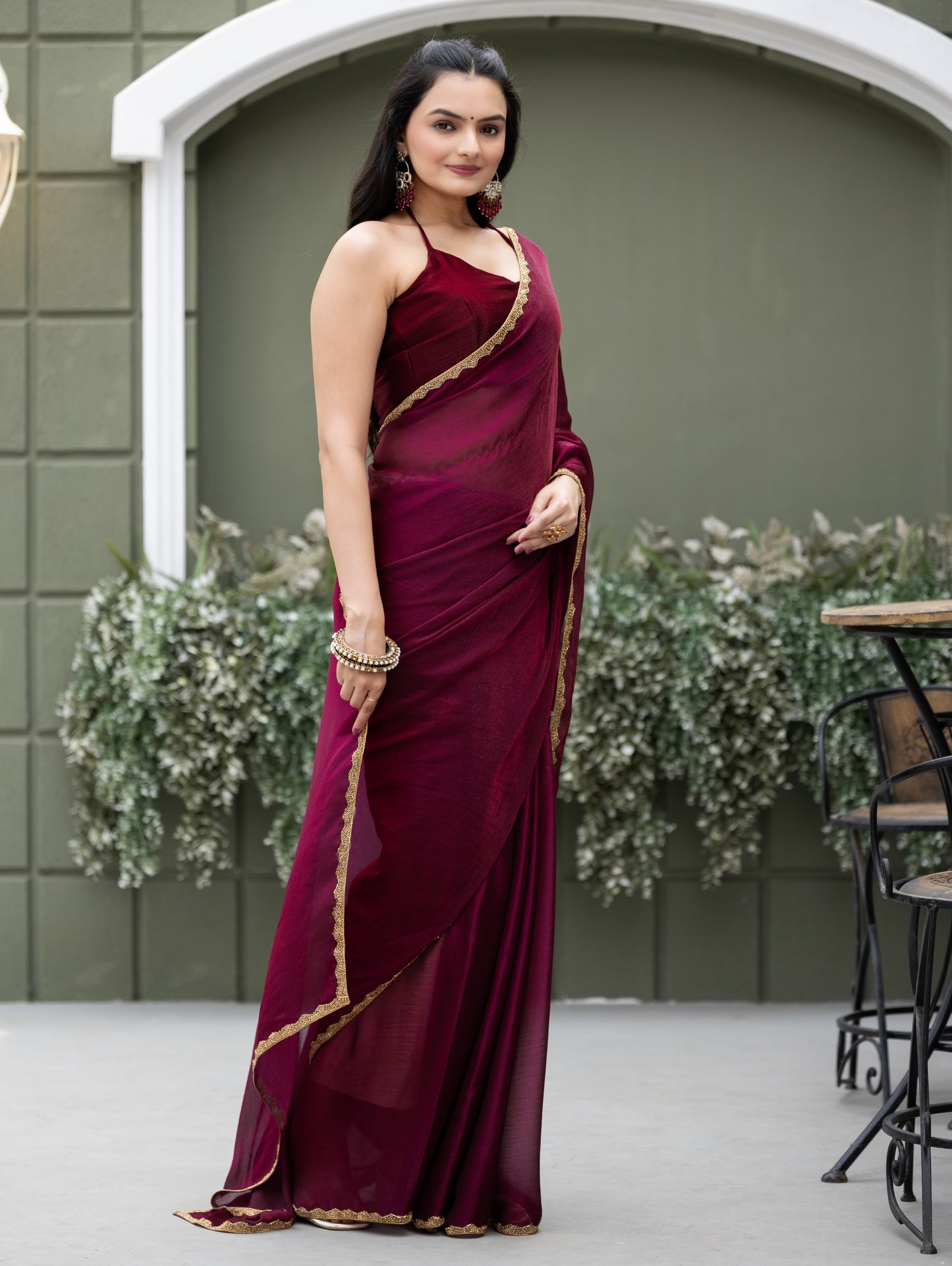 Wine Chiffon Bollywood Saree with Embellished Border