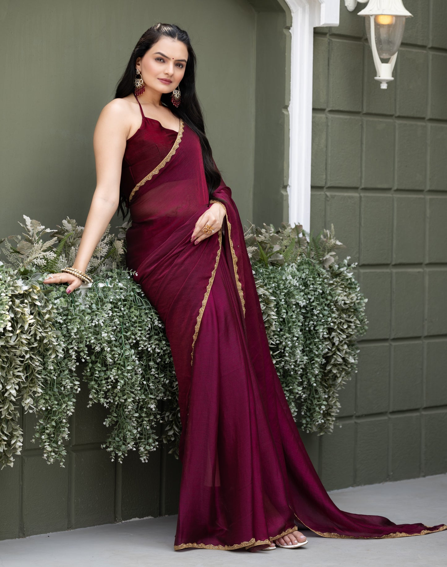 Wine Chiffon Bollywood Saree with Embellished Border