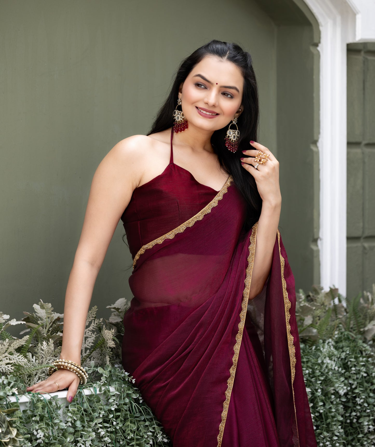 Wine Chiffon Bollywood Saree with Embellished Border