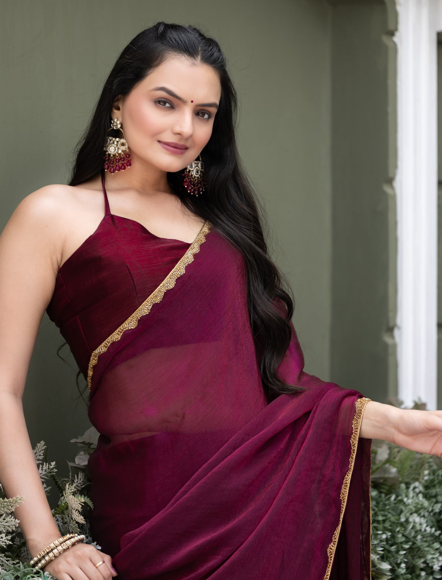 Wine Chiffon Bollywood Saree with Embellished Border