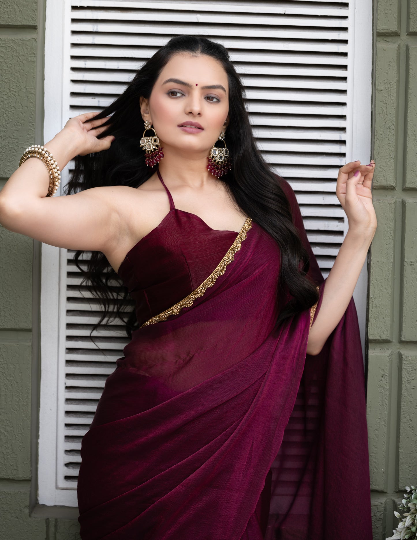 Wine Chiffon Bollywood Saree with Embellished Border