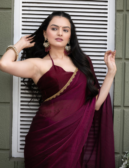 Wine Chiffon Bollywood Saree with Embellished Border