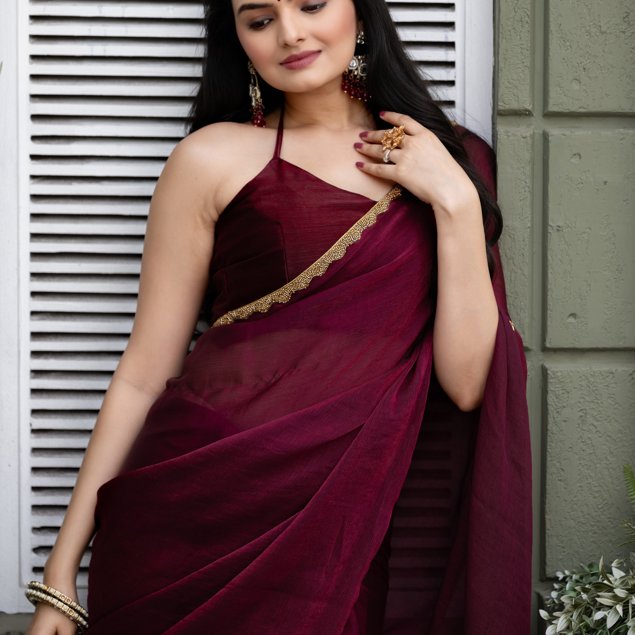 "Wine Chiffon Bollywood Saree with Embellished Detailing – Available"