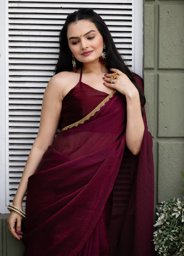 "Wine Chiffon Bollywood Saree with Embellished Detailing – Available"