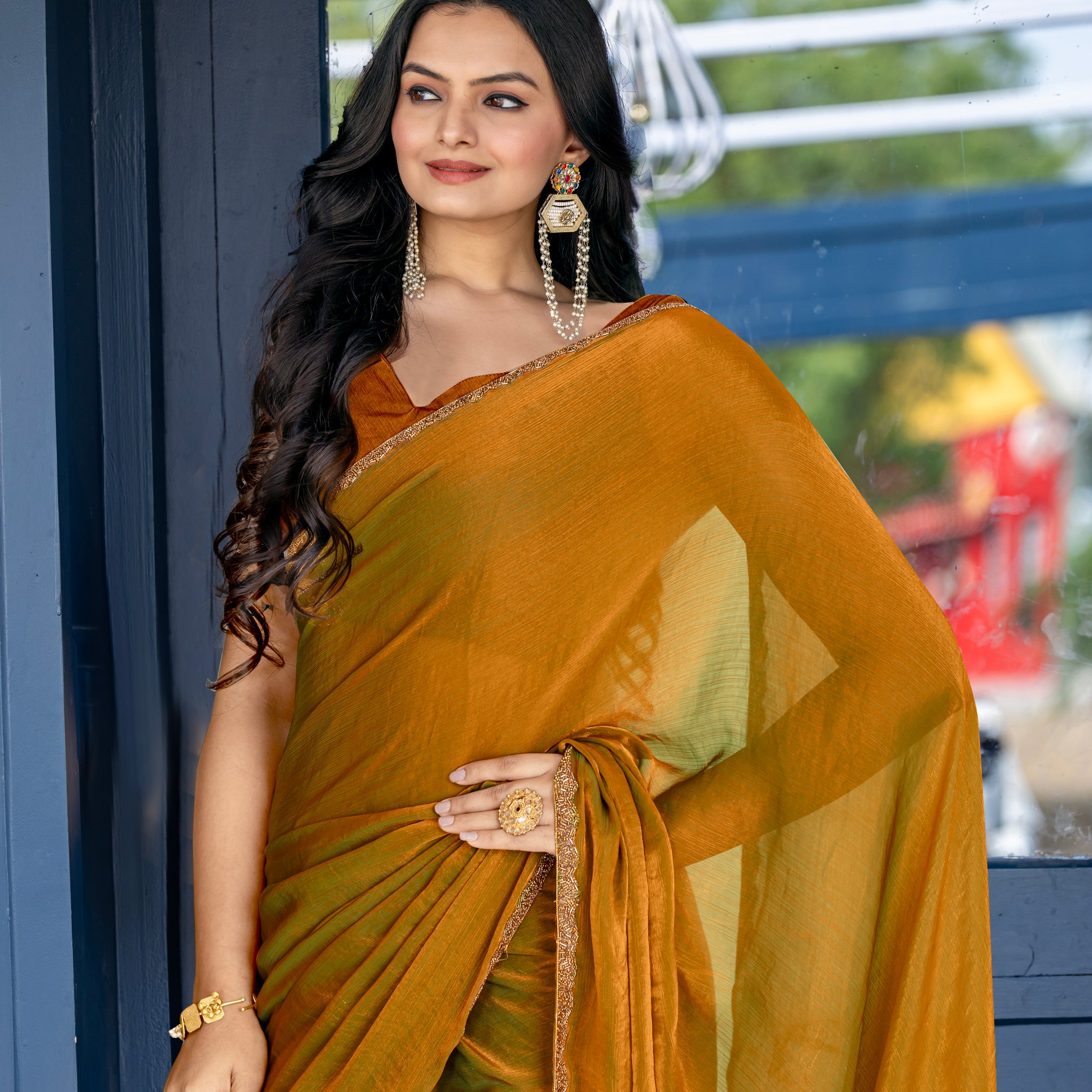 Gold Chiffon Bollywood Saree with Embellished Border