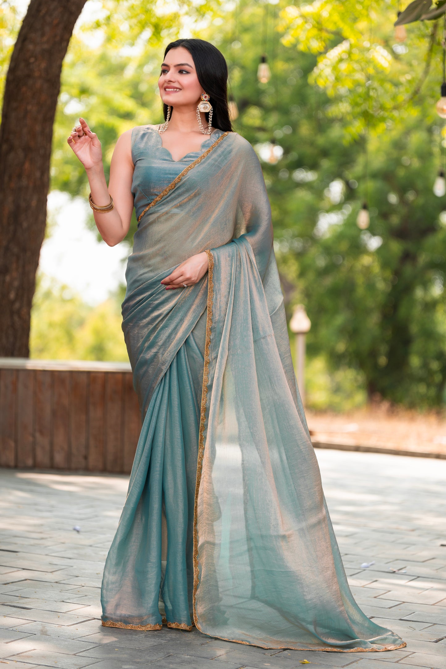 Sky Blue Chiffon Bollywood Saree with Embellished Border