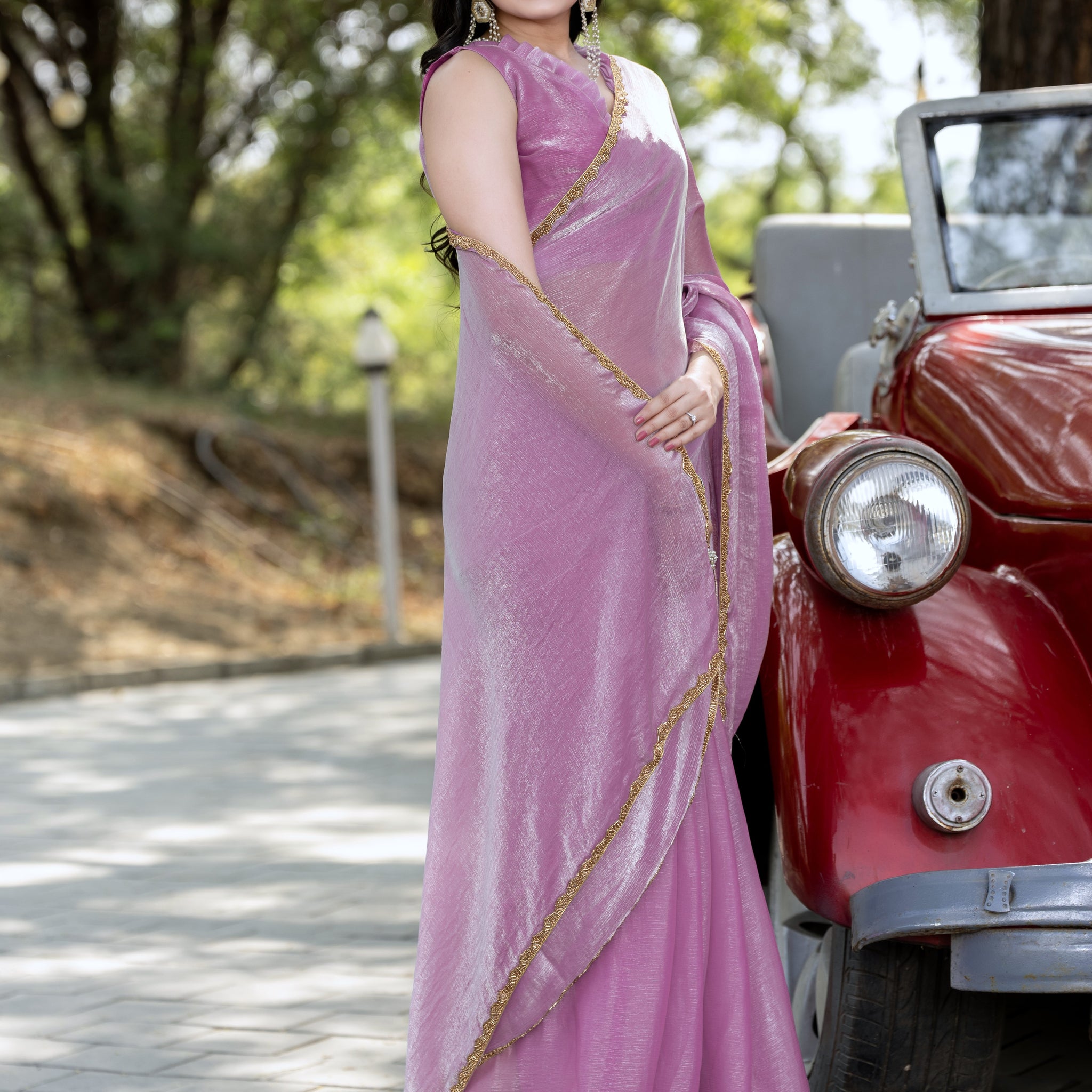 "Lavender Chiffon Bollywood Saree with Embellished Detailing – Available"