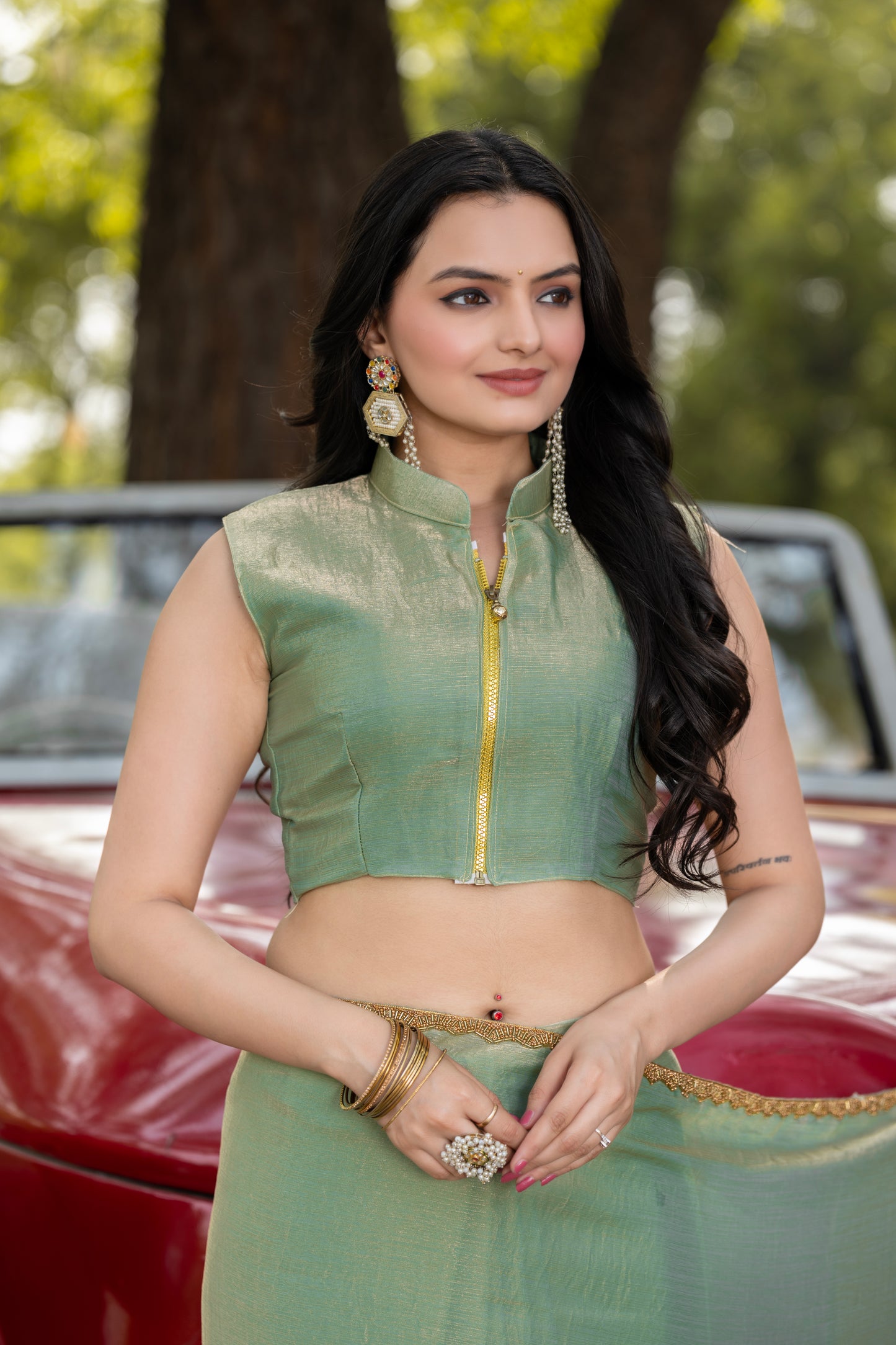 Pista Chiffon Bollywood Saree with Embellished Border