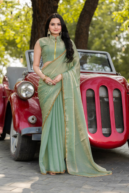 Pista Chiffon Bollywood Saree with Embellished Border