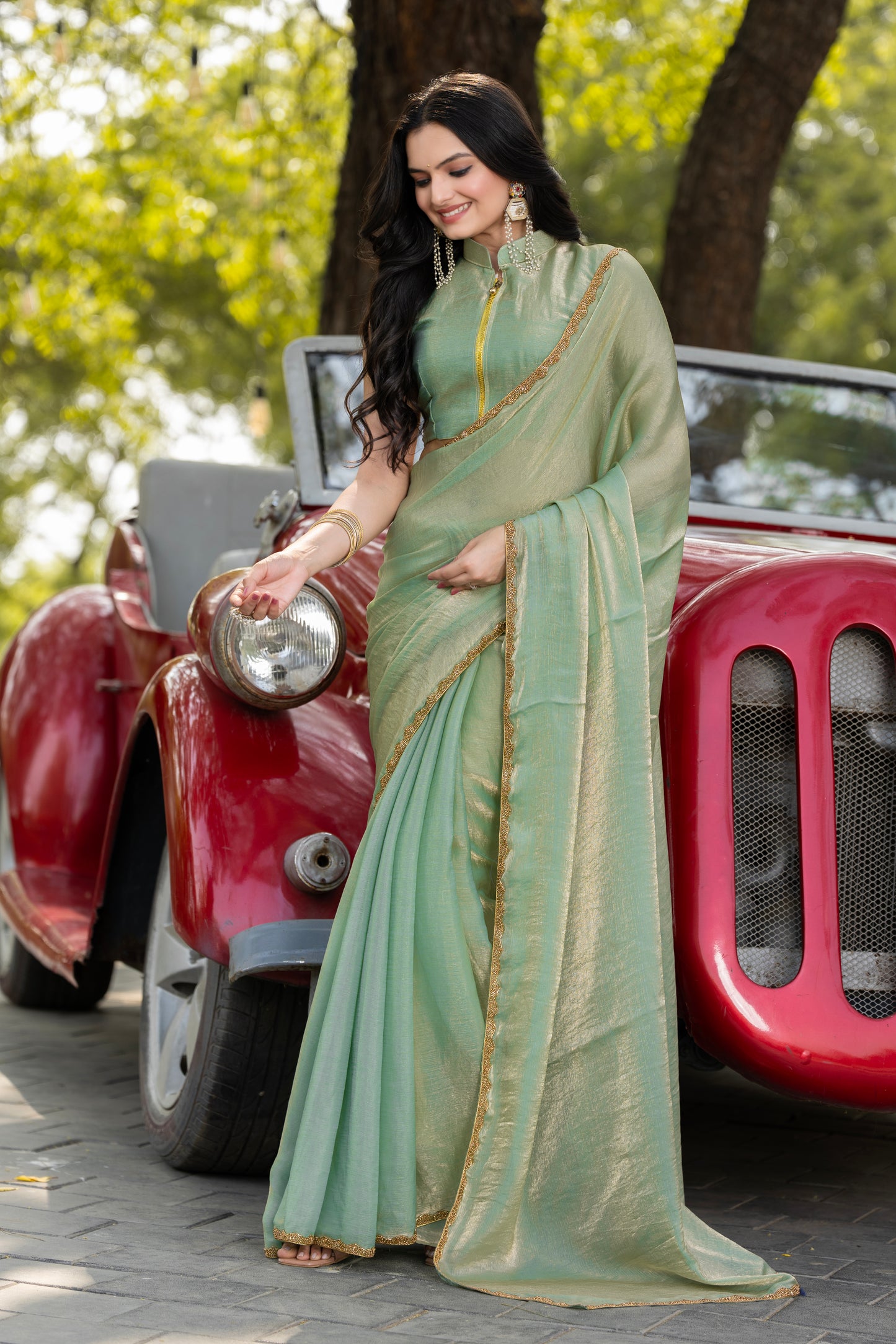 Pista Chiffon Bollywood Saree with Embellished Border