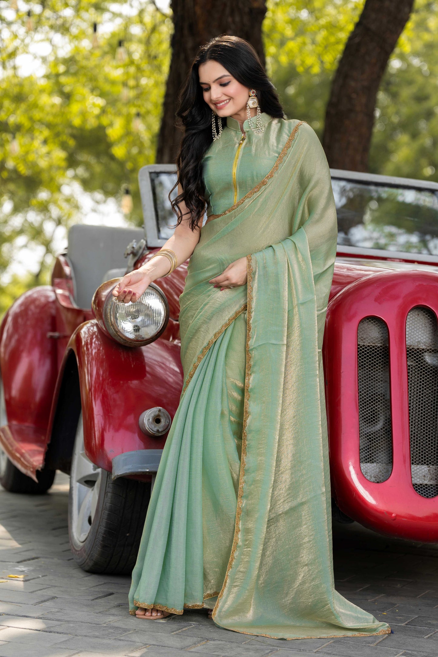 Pista Chiffon Bollywood Saree with Embellished Border