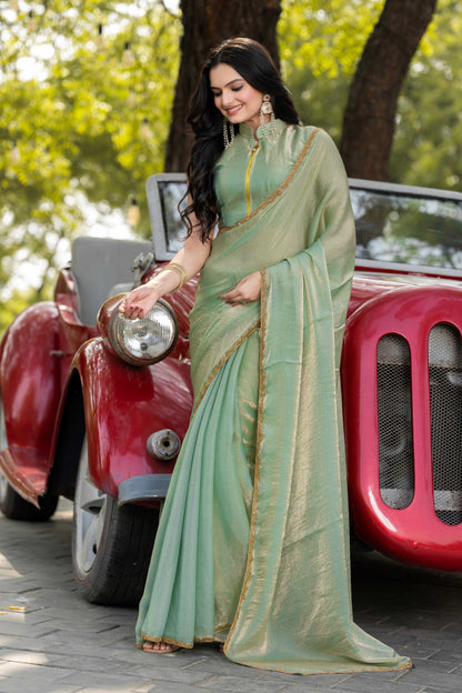 Pista Chiffon Bollywood Saree with Embellished Border