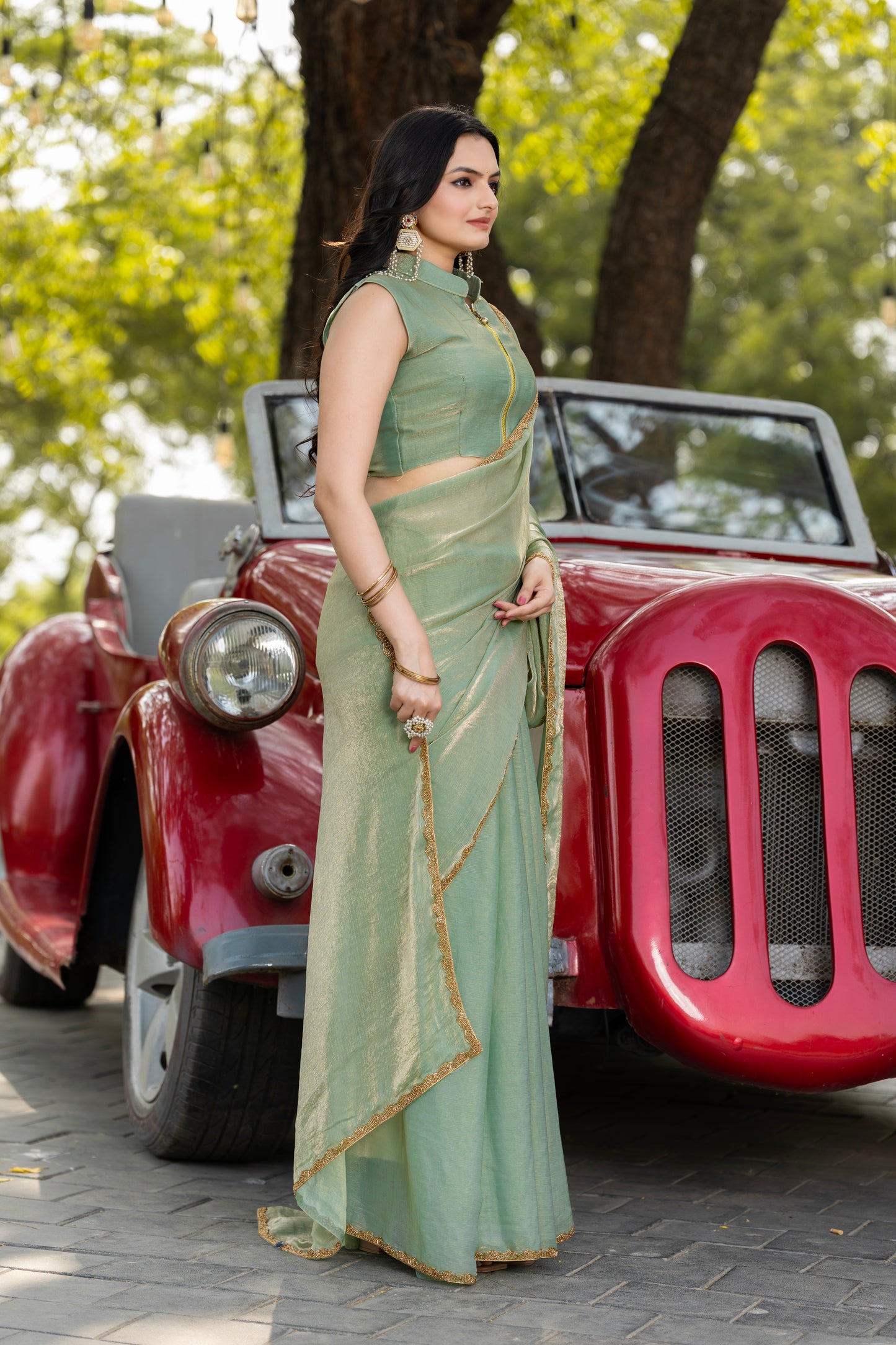 Pista Chiffon Bollywood Saree with Embellished Border