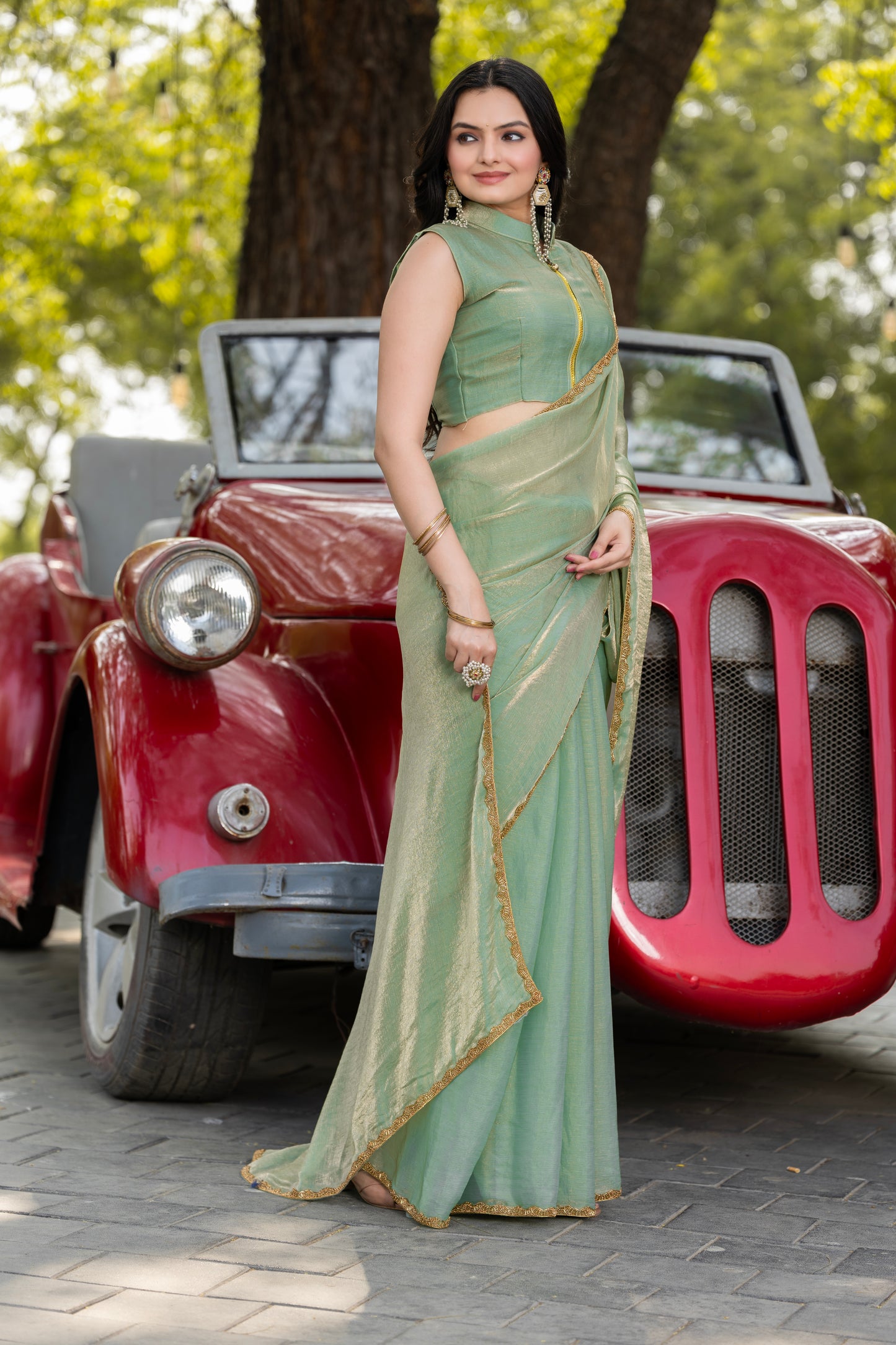 Pista Chiffon Bollywood Saree with Embellished Border